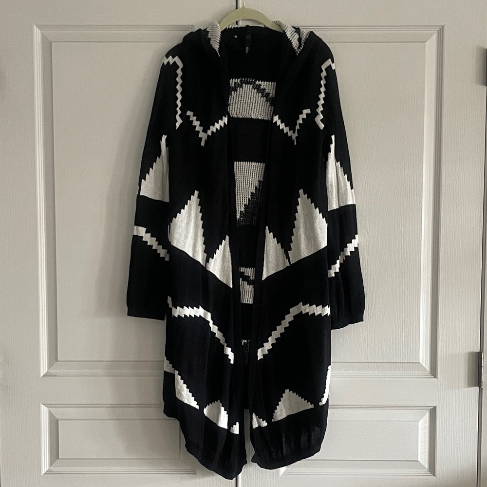 Black and White Handmade Hooded Midi Sweater Coat Sz S
